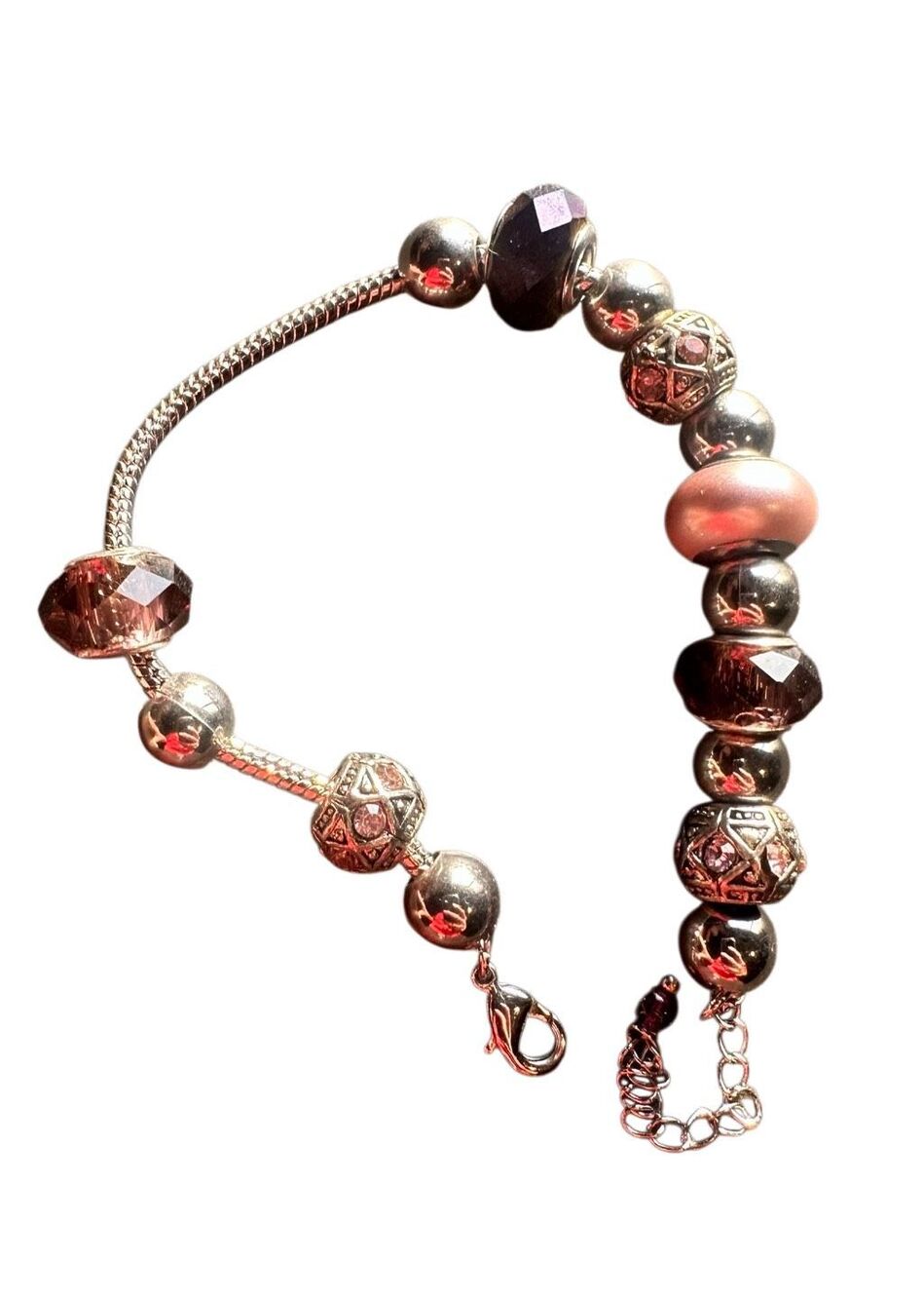 Snake Chain Charm Bracelet w/ Pink Faceted Glass & Filigree Beads silvertone